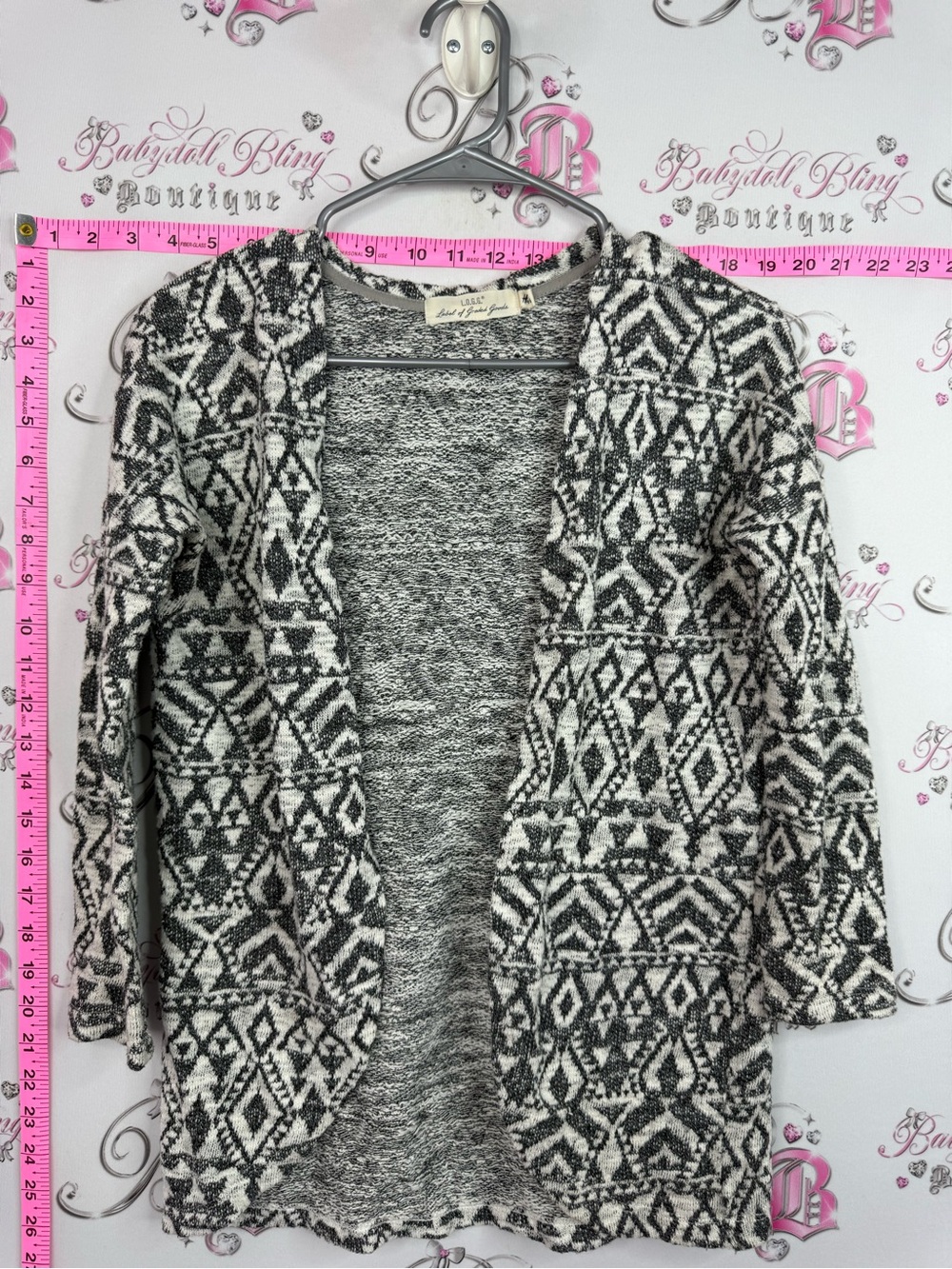 LOGG Open-Front Aztec Knit Cardigan Sweater - Black & Cream